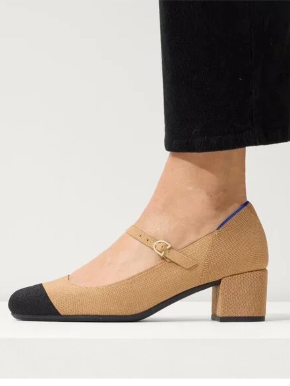 Rothy's  Mary Jane wren captoe Tan and Black Mary Jane Block Heel Pumps 8.5